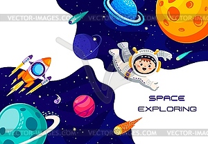Space explore banner, kid astronaut in outer space - vector clipart