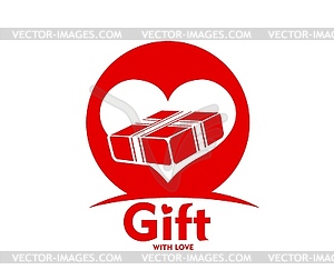 Gift box icon, birthday surprise ribbon and heart - vector image