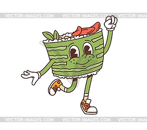 Cartoon japanese roll groovy character waving hand - vector image