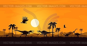 Битва со спинозавром, силуэт персонажей-динозавров - векторное изображение клипарта