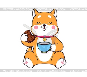 Cartoon japanese shiba inu with coffee and donut - vector image