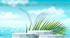 Realistic marble stone podium with tropical leaves - vector clipart