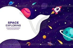 Cartoon space rocket in galaxy, stars and planets - vector clip art