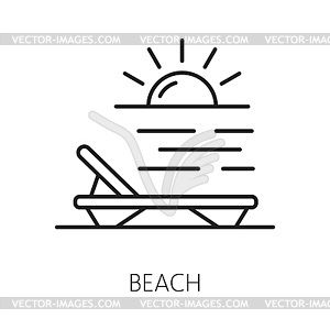 Hotel summer vacation with beach, sunbed on sunset - vector image