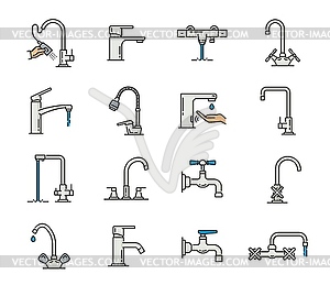 Tap bathroom and kitchen water faucet line icons - vector clipart