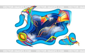 Голубое небо с вырезанным из бумаги ветром и воздушными змеями в облаках - векторный дизайн