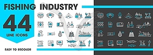 Fishing industry line icons, fishery boat, fishes - vector image