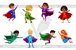 Cartoon kids superhero characters, boys and girls - vector image