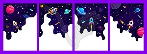 Galaxy space posters or frames with rocket launch - vector clip art