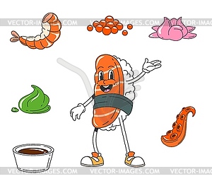 Cartoon Japanese sushi character with salmon fish - vector image