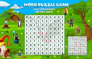 Word search puzzle game with dwarf characters - vector image