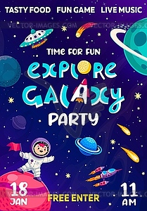 Galaxy space party flyer, kid astronaut and rocket - vector clip art