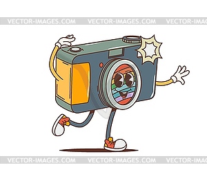 Мультяшная ретро-фотокамера с заводным персонажем-хиппи - стоковое векторное изображение