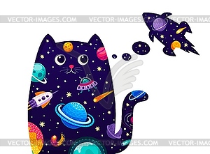 Cat dreaming about space rocket, cosmic travel - vector image