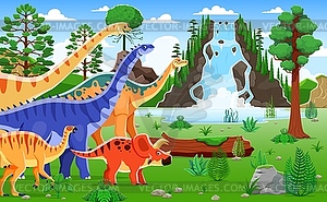 Cartoon dinosaurs at vibrant prehistoric landscape - vector image