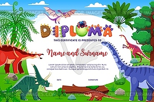 Мультяшный детский диплом с персонажами динозавров-дино - векторное изображение