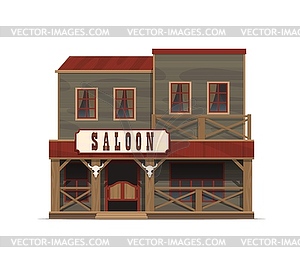 Western saloon building, wild west wooden facade - vector image