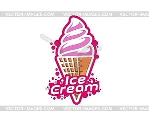 Gelato dessert, raspberry ice cream waffle cone - vector image