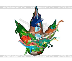 Paper cut dinosaur footprint with funny dino - vector clipart