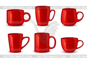 Red ceramic coffee mugs, tea cup realistic mockups - royalty-free vector clipart