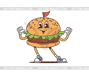 Мультяшный ретро-гамбургер с заводным обалденным персонажем - изображение векторного клипарта