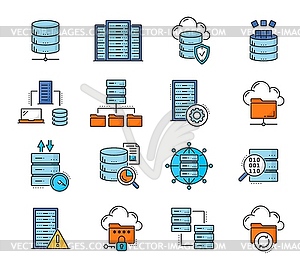 Color database network server, cloud storage icons - vector clipart