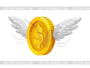 3D golden money coin with wings gold flying dollar - vector image