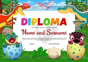 Kids diploma, cartoon funny dinosaur and dino eggs - vector clip art