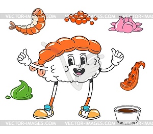 Cartoon Japanese sushi character with shrimp - royalty-free vector clipart