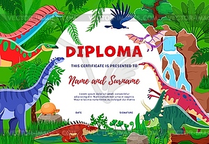 Kids diploma with cartoon dinosaurs, certificate - vector clip art