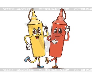 Мультяшные ретро-бутылочки с горчицей и кетчупом в заводном стиле - клипарт Royalty-Free