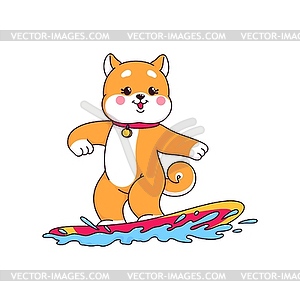 Персонаж японского мультяшныйа о собаке Сиба-Ину, занимающейся серфингом - стоковое векторное изображение