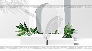 3d white podium stage with green olive leaves - vector clipart