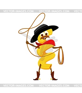 Cartoon Italian cavatappi pasta cowboy character - vector clip art