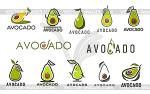 Avocado farm, juice and oil icons, vegetable food - vector clipart