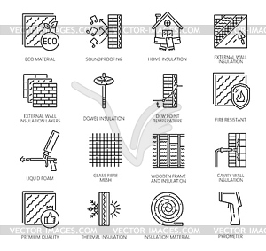 Wall thermal insulation icons, mineral wool, tools - vector image