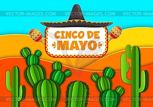 Mexican desert cactus in paper cut, Cinco de Mayo - vector clip art