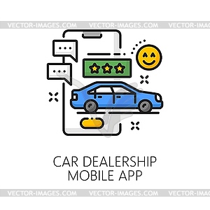 Auto dealer mobile app, car dealership line icon - vector clipart