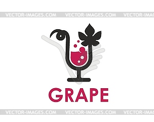 Значок виноградного вина, бокал для вина, виноградный лист для винодельни - стоковый векторный клипарт