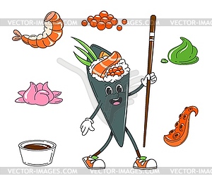 Cartoon japanese groovy temaki sushi character - vector clipart