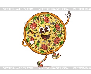 Cartoon retro pizza groovy character celebrate - vector EPS clipart