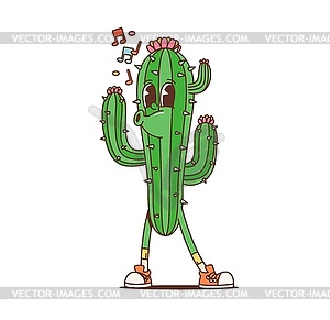 Cartoon retro cactus groovy character, hippie 70s - vector image