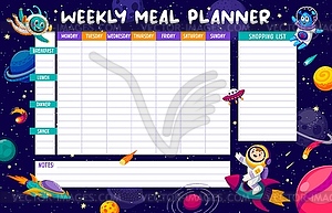 Weekly meal planner with kid astronaut and aliens - vector clip art