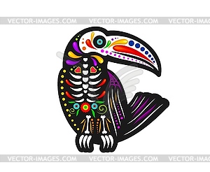 Mexican Day of Dead toucan bird with skull, tattoo - vector image