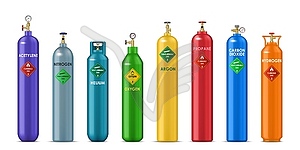 Realistic gas cylinders hydrogen, oxygen, propane - vector image