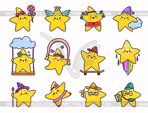 Cartoon cute funny kawaii stars characters - stock vector clipart