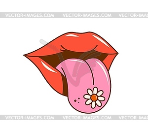 Retro groovy woman lips character with tongue - vector image
