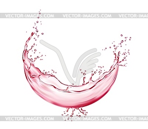 Realistic pink water wave flow splash with drops - vector clipart