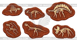 Cartoon dinosaur fossil bones, skeletons in stone - vector clipart