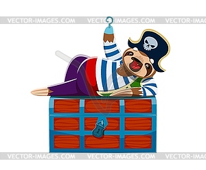 Cartoon cute sloth animal pirate on chest - vector image